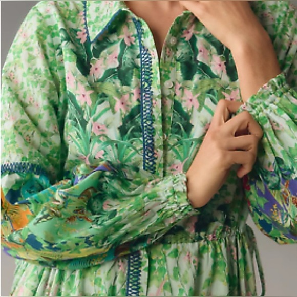 Anthropologie Cotton/Silk Blend Eleanora Maxi Green Jungle Animal Floral Dress S - Picture 2 of 11